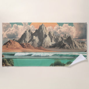 Toalha De Praia Paisagem Surrealista de Oceano e Montanha com Onda