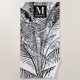 Toalha De Praia Palm Tree deixa Abstrato preto e branco monograma