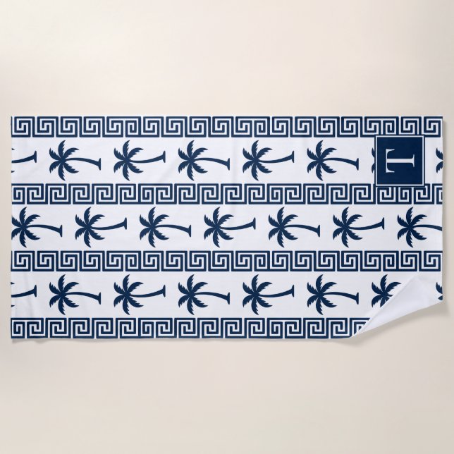 Toalha De Praia Palm Tree Greek Key Stripe – Navy Coastal Preppy (Frente)