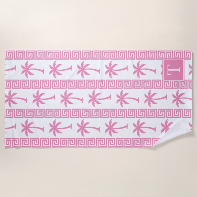 Toalha De Praia Palm Tree Greek Key Stripe – Pink Coastal Preppy (Frente)