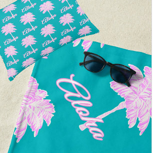 Toalha De Praia Palma Branca Rosa Turquesa Aloha Tropical