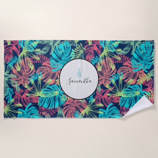 Toalha De Praia Palma Tropical Deixa Monograma Turquoise Coral (Frente)