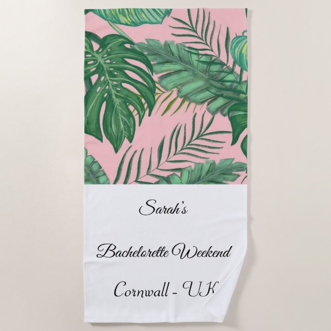 Toalha De Praia Palma Tropical Folha rosa Bachelorette Beach Towel (Frente)