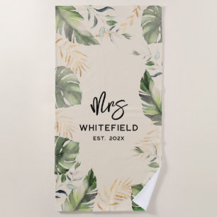 Toalha De Praia Palma Tropical Folhas Script Personalizadas Botâni