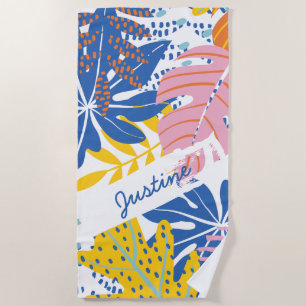 Toalha De Praia Palma tropical moderna cor azul-rosa