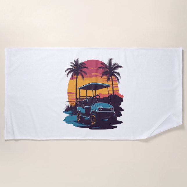 Toalha De Praia Palmeiras de Golfe Carrinho Árvores de Sunset (Frente)