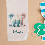 Toalha De Praia Palmeiras-pranchas retro-amarelo<br><div class="desc">Conselhos e palmeiras de surf,  de cor aquosa,  em verde,  amarelo e laranja. Fundo colorido creme. Personalize e adicione seu nome.</div>