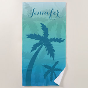 Toalha De Praia Palmeiras Tropicais Azuis Com Nome Personalizado