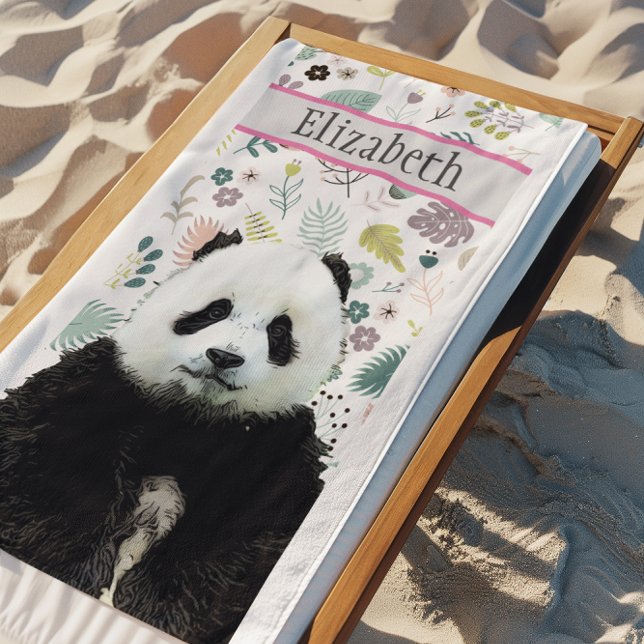 Toalha De Praia Panda Bear Teal Adorável Nome Animal de Criança (Cute Panda Bear Vacation Pool Party Beach Towel)