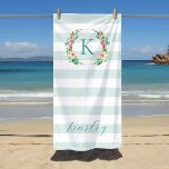 Toalha De Praia Paradise Floral e Stripes Monograma<br><div class="desc">Esta design de moda divertida apresenta um fundo listrado branco e menta minta com coroa floral colorida. Personalize o design com seu nome e monograma ou outro texto. Use as ferramentas de design para escolher qualquer cor de fundo, editar as fontes de texto e as cores ou carregar suas próprias...</div>