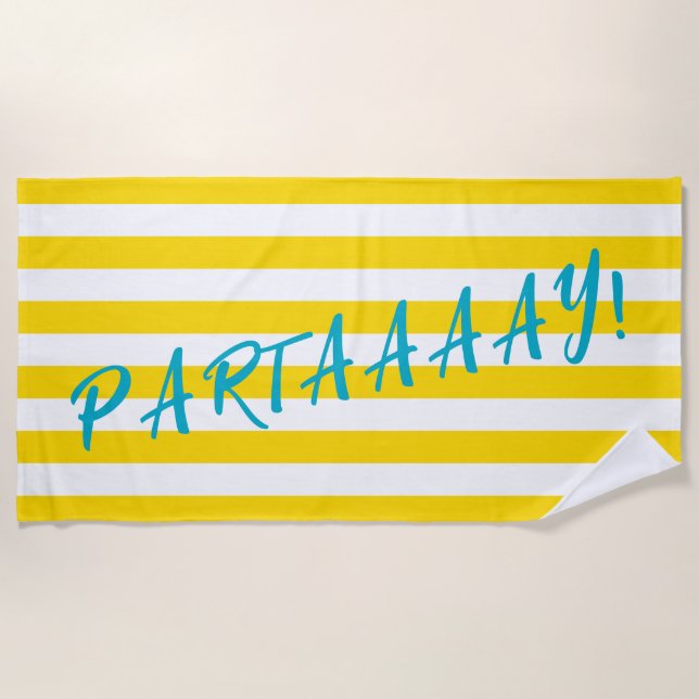 Toalha De Praia PARTAAAAY Cute Yellow White Stripe Pool Party (Frente)