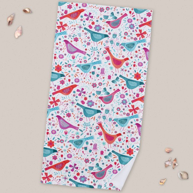 Toalha De Praia Pássaros e Flores Modernos em Aquarela (Birds in a Garden watercolor art beach towel with original art by Nic Squirrell. )