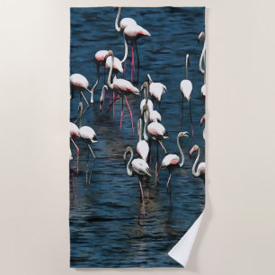 Toalha De Praia Pássaros Flamingo, de cor rosa e branca, em azul-