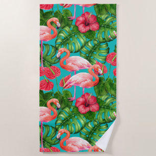 Toalha De Praia Pássaros Flamingo e aquarela de jardim tropical