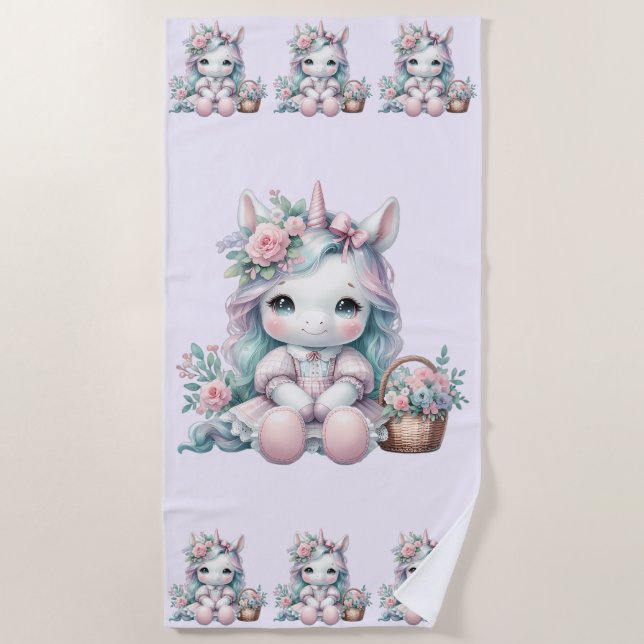 Toalha De Praia Pastel Kawaii Unicorn Doll with Flower Basket (Frente)