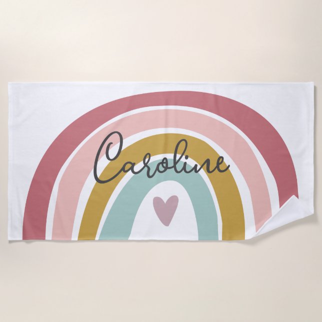 Toalha De Praia Pastel rosa Boho Rainbow Name Beach Towel (Frente)