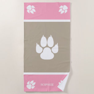 Toalha De Praia Patas Rosa e Bege com Nome Personalizado