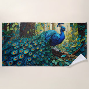Toalha De Praia Pavão Azul na floresta