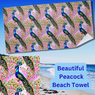 Toalha De Praia Pavão Verde Azul Iridescente, Dourado a Rosa