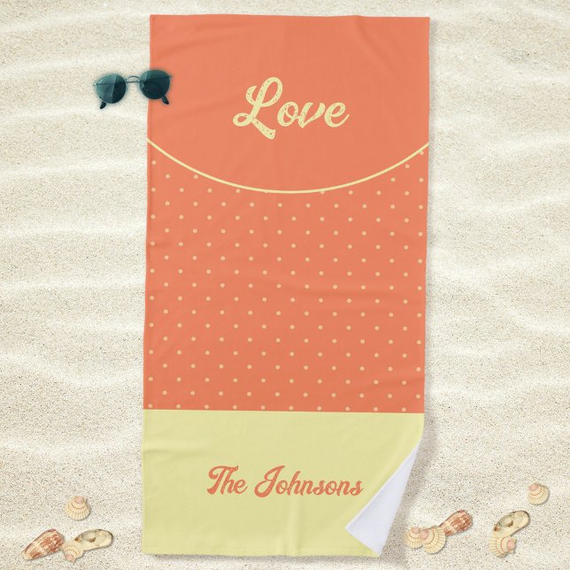 Toalha De Praia Peach Meio século Amarelo Pontos Retro Verão Amor (Love Peach Retro Dots Yellow Mid Century 50s 60s Beach Towel ©Susanne Sachers - Sunny Mind Design)