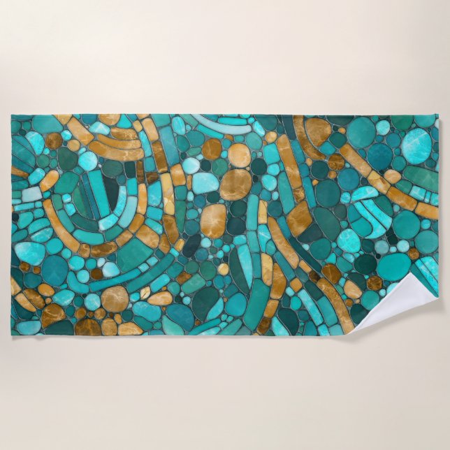 Toalha De Praia Pebbles Mosaic Art - Emerald e Dourado (Frente)