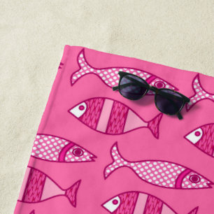 Toalha De Praia Peixe Moderno Retro, Fúcsia e Rosa Claro