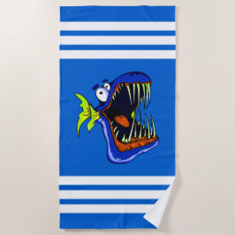 Toalha De Praia Peixe Piranha Azul com Strike Azul e Branco