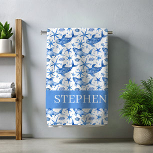 Toalha De Praia Peixe-Starfish Náutico Azul Personalizado