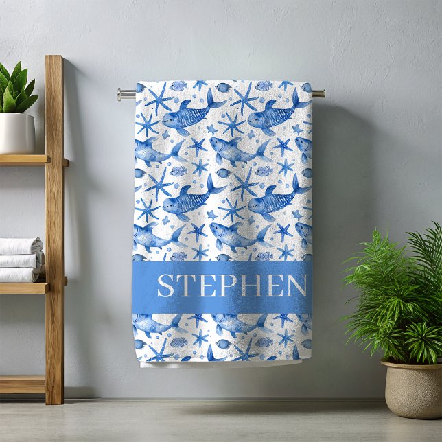 Toalha De Praia Peixe-Starfish Náutico Azul Personalizado (Criador carregado)