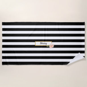 Toalha De Praia Personalizado Preto e Branco Listrado Dourado