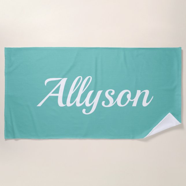 Toalha De Praia Personalizar Nome, Script Branco / Teal (Frente)