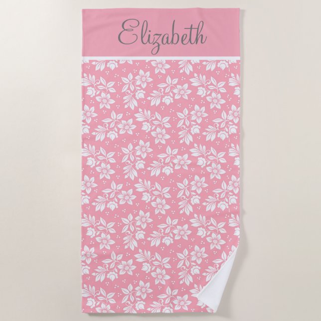 Toalha De Praia Personalize Rosa Branco Cinza Floral (Frente)