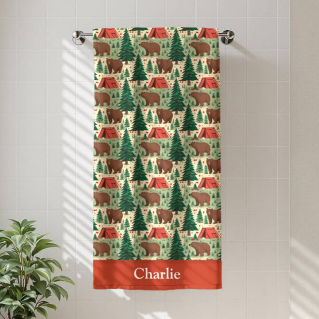 Toalha De Praia Personalized Bear Camping Kids (Criador carregado)