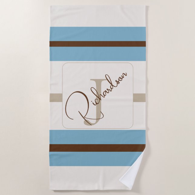 Toalha De Praia Personalized Blue Brown Stripe Monogram Coastal  (Frente)