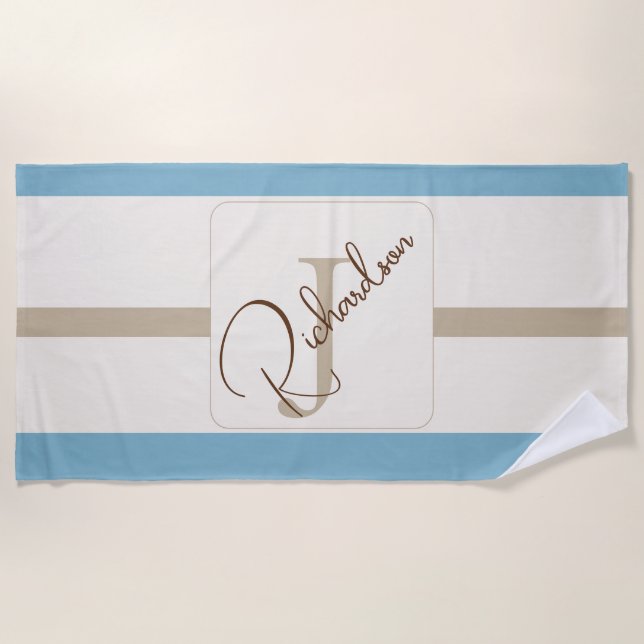 Toalha De Praia Personalized Blue Brown Stripe Monogram Coastal  (Frente)