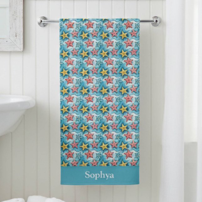 Toalha De Praia Personalized Blue Nautical Starfish (Criador carregado)