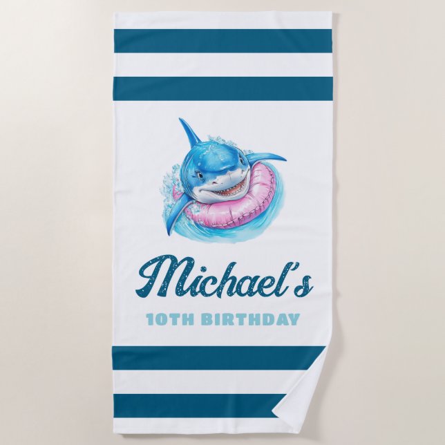 Toalha De Praia Personalized Blue Stripe with Shark (Frente)