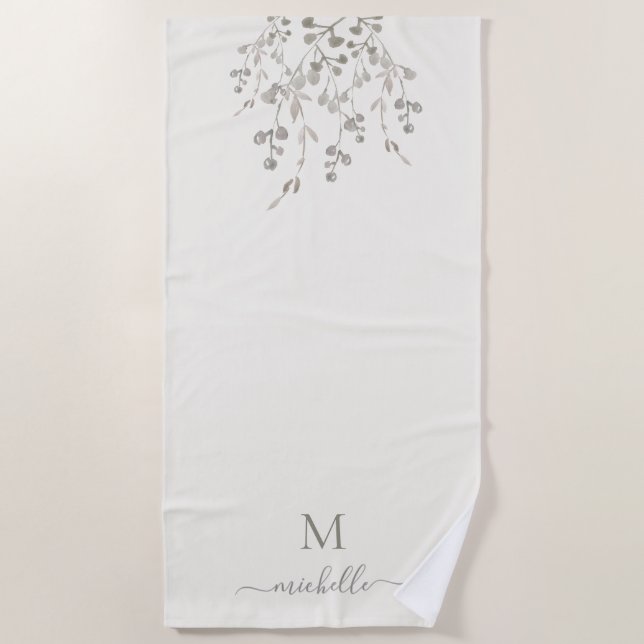 Toalha De Praia Personalized Botanical Watercolor Monogram Ivory (Frente)