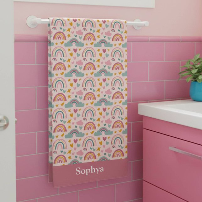 Toalha De Praia Personalized Pink Rainbow Kids (Criador carregado)