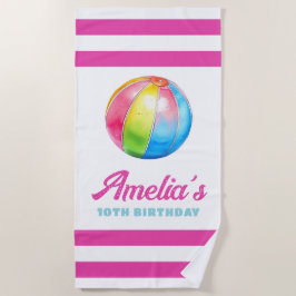 Toalha De Praia Personalized Pink Stripe with Colorful Pool Ball
