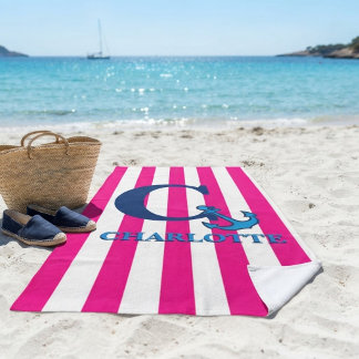 Toalha De Praia Personalized Pink Stripes Navy Blue Anchor Beach