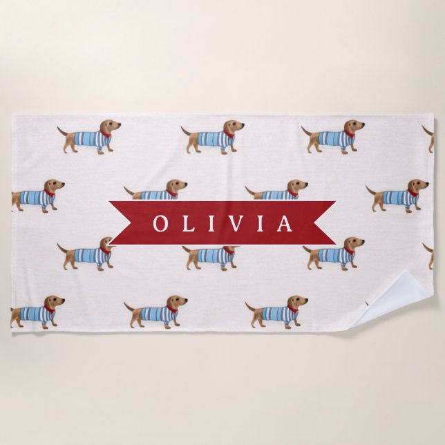 Toalha De Praia Personalized Preppy Cute Dachshund Dog Pattern (Frente)