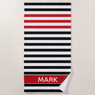 Toalha De Praia Personalized Red Black And White Multi Stripe 