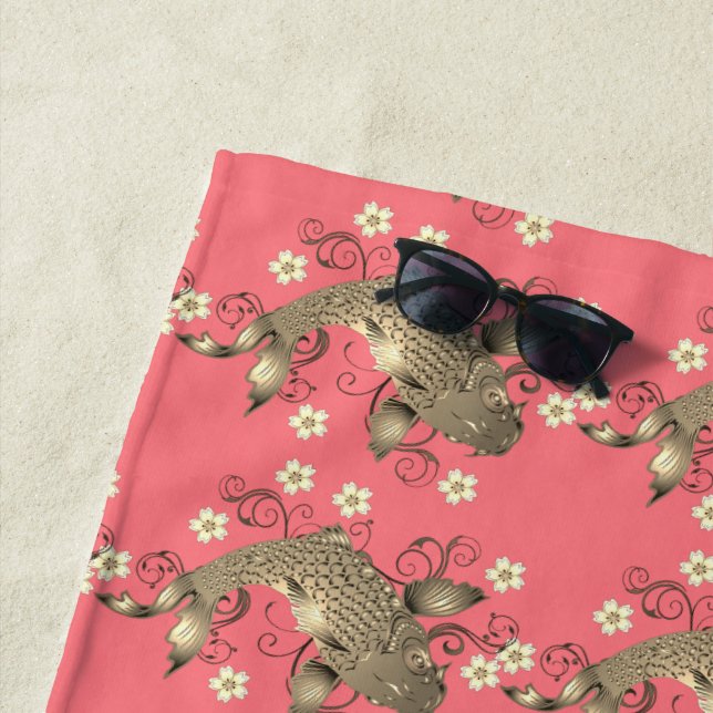 Toalha De Praia Pêssego de peixe Koi e elegante floral oriental do (In Situ)