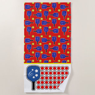 Toalha De Praia Pickleball American Flag Red White e Blue
