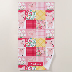 Toalha De Praia Pig Patchwork Floral Rustic Personalizada