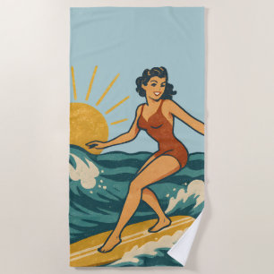 Toalha De Praia Pin-Up Surfista Retro da Califórnia   Gráfico de S