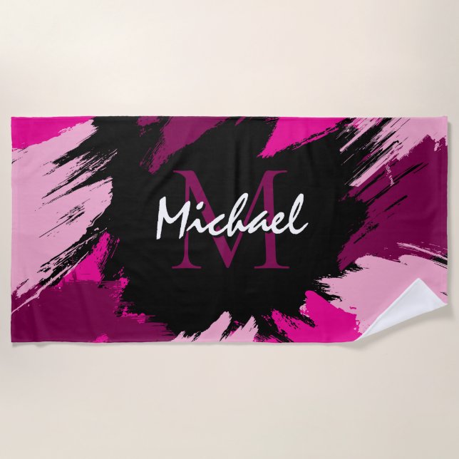 Toalha De Praia Pincéis de pinceladas de nome rosa quente com mono (Frente)