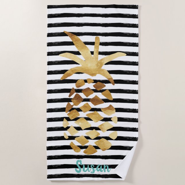 Toalha De Praia Pineapple & Stripes - Personalize com seu nome (Frente)