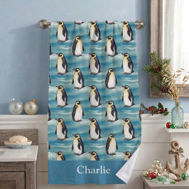 Toalha De Praia Pinguim Animal Ártico Costeiro Azul Água
